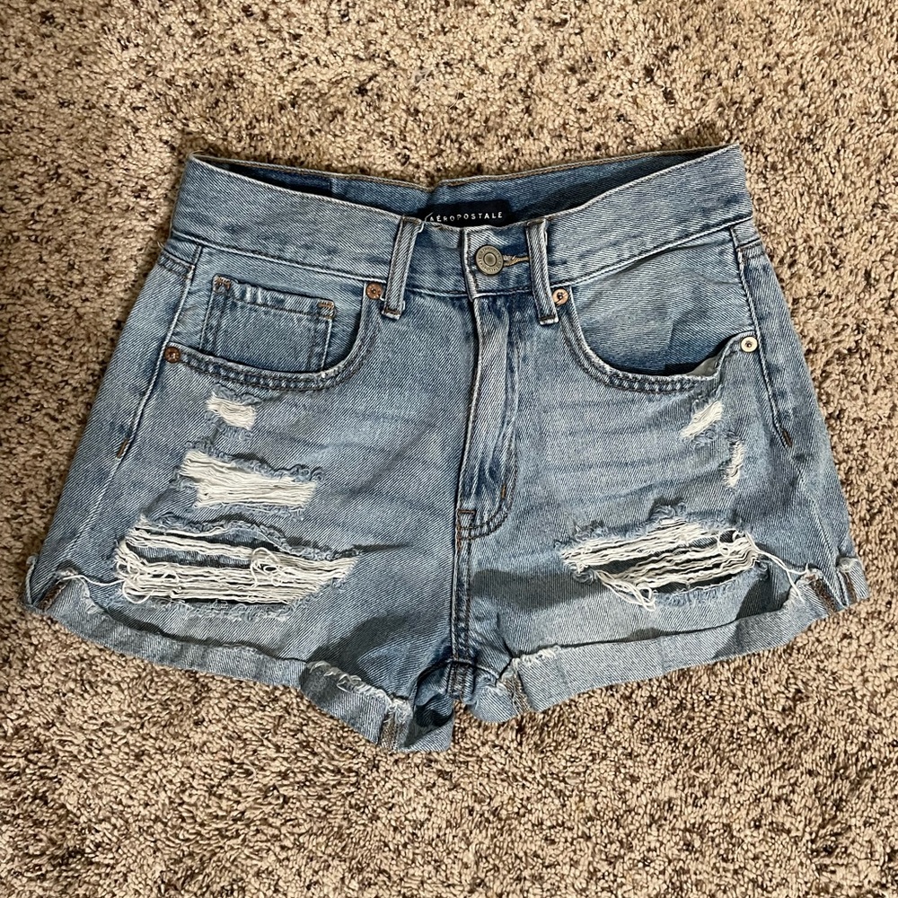 light blue distressed mom shorts